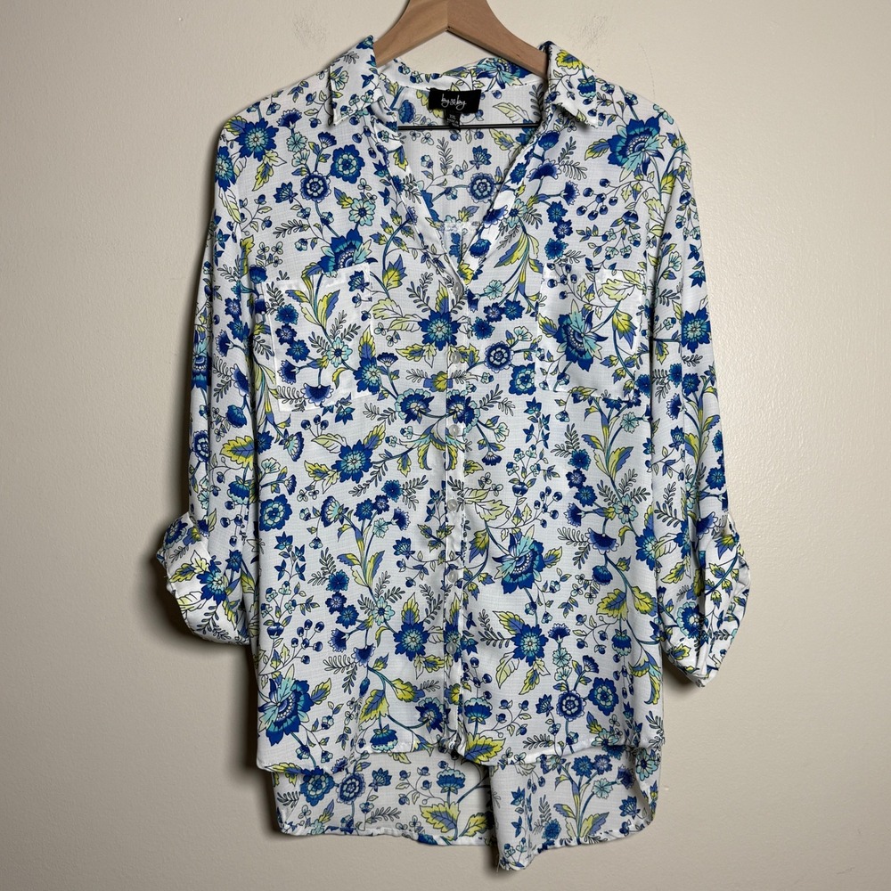 By & By Floral Button Down Blouse XXL Blue Yellow Roll Tab Sleeve High‎ Low Hem